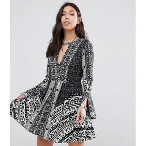 Free People Tegan Border Print Mini Dress Long Bell Sleeves Cutout V-Neck A-Line